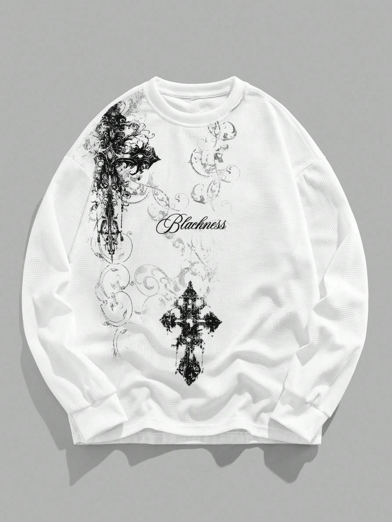 Dark Gothic Cross Print Waffle Sweatshirt, Base, Loose Fit, Street Style, Geometric Pattern, Casual Wear, Spring & Fall