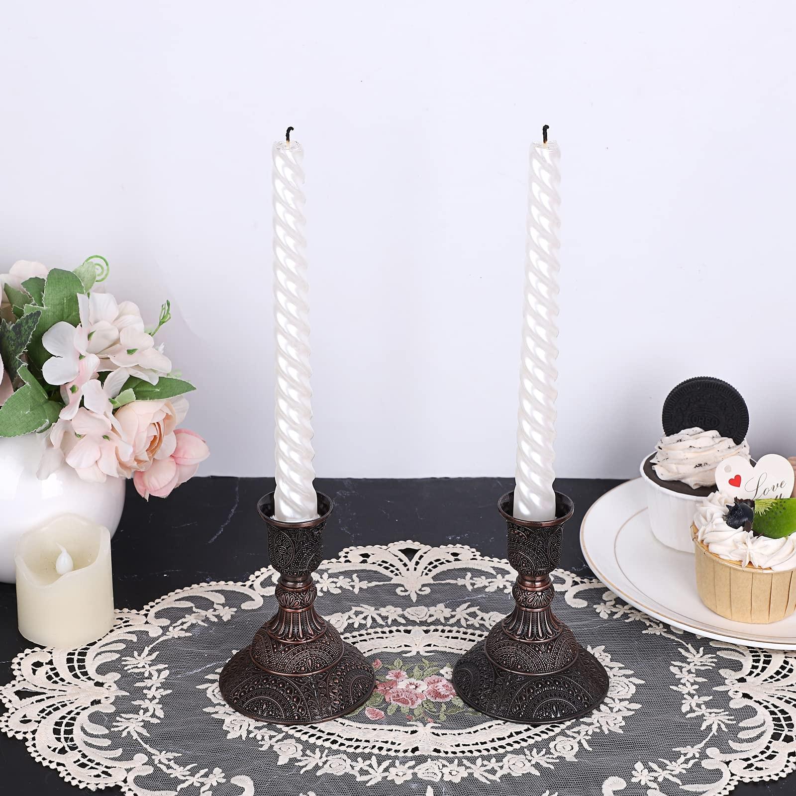 Set of 2 Vintage European Candle Holders - 3.9" Tall Metal Candlesticks with Exquisite Relief Patterns, Red/ Green Bronze/ Gold/ Silver/ Rose Gold Candelabra Table Centerpieces for Wedding Dining Home Decor