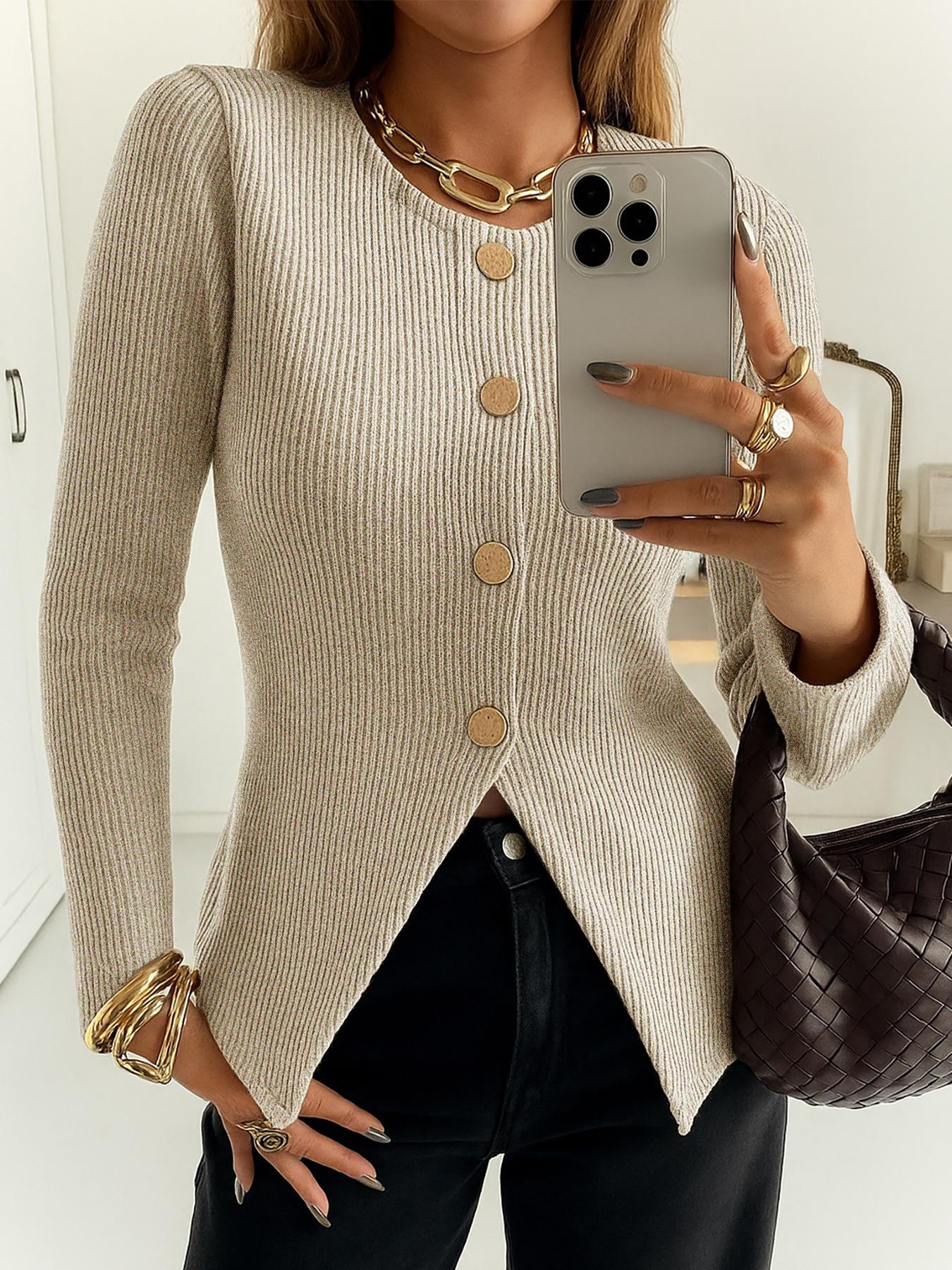 Women's Elegant Ribbed Knit Button-Front Long Sleeve Top, Casual Elegant Fitted Design in Medium-Weight Fabric for All-Season Wear