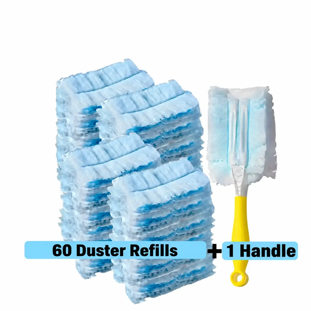 60 Disposable Electrostatic Duster Refills with 1 Handle, Multipurpose Dusting Kit for Furniture, Shelves, Blinds and Car Interiors