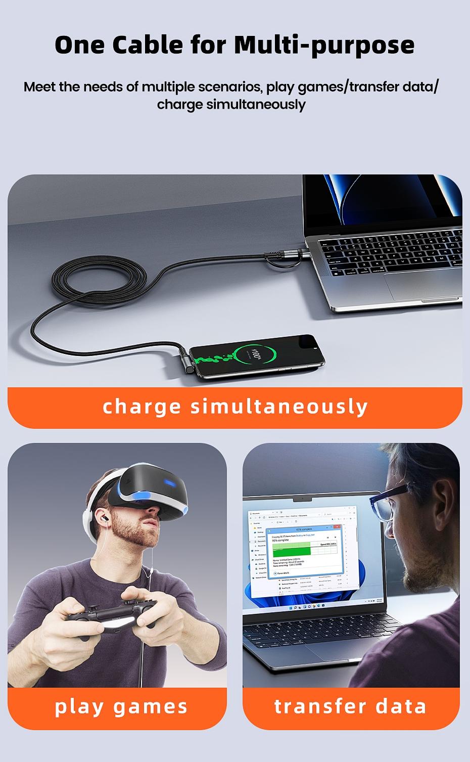 Toocki 5m VR Link Cable 2-in-1 USB A USB C to Type C PD USB3.0 Data Transfer Elbow Wire For Quest3/Quest2/Pro/Pico4 Accessories 90 Degree Elbow USB C To Type C Link Cable