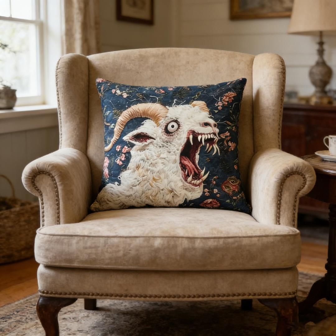 Funny Screaming Goat Embroidered Throw Pillow, Vintage Floral Black Background Decorative Cushion, Viral TikTok Home Decor, Cute Animal Pillow for Couch, Bed, Office Chair