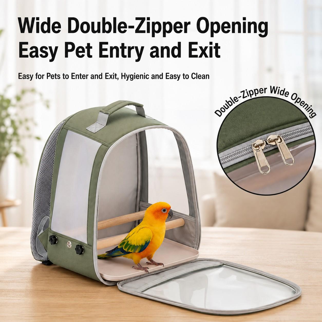 Parrot Bird Backpack, Portable Bird Travel Bag, Transparent Window, Breathable Mesh, 2 Perch Sticks, Dual Food Cups, Detachable Tray, Adjustable Straps, Enclosure