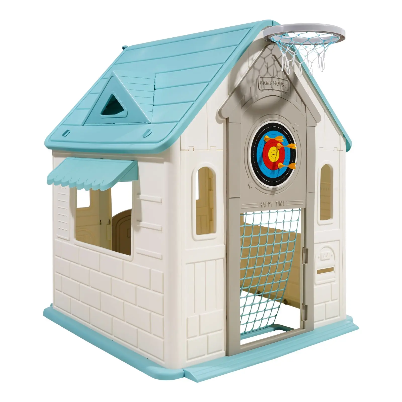 Outdoor Playhouse, 5-In-1 Cottage Play House with Pretend Play, Basketball, Darts, Soccer, Ring Toss, Window & Convenient Door, Toddler Slide Set for Aged 2+, Smooth Edges, Polypropylene Plastic
