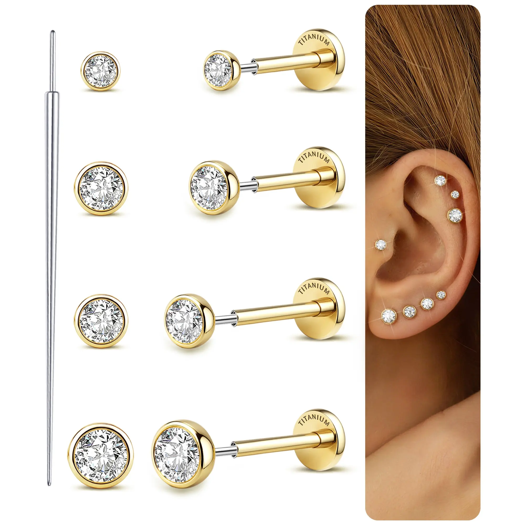 GEMQUEEN G23 Titanium Flat Back Earrings, 4 Pairs Threadless CZ Studs Set, Hypoallergenic 16G/18G/20G Bezel Flatback Earrings, 14K Gold Plated Cartilage Jewelry