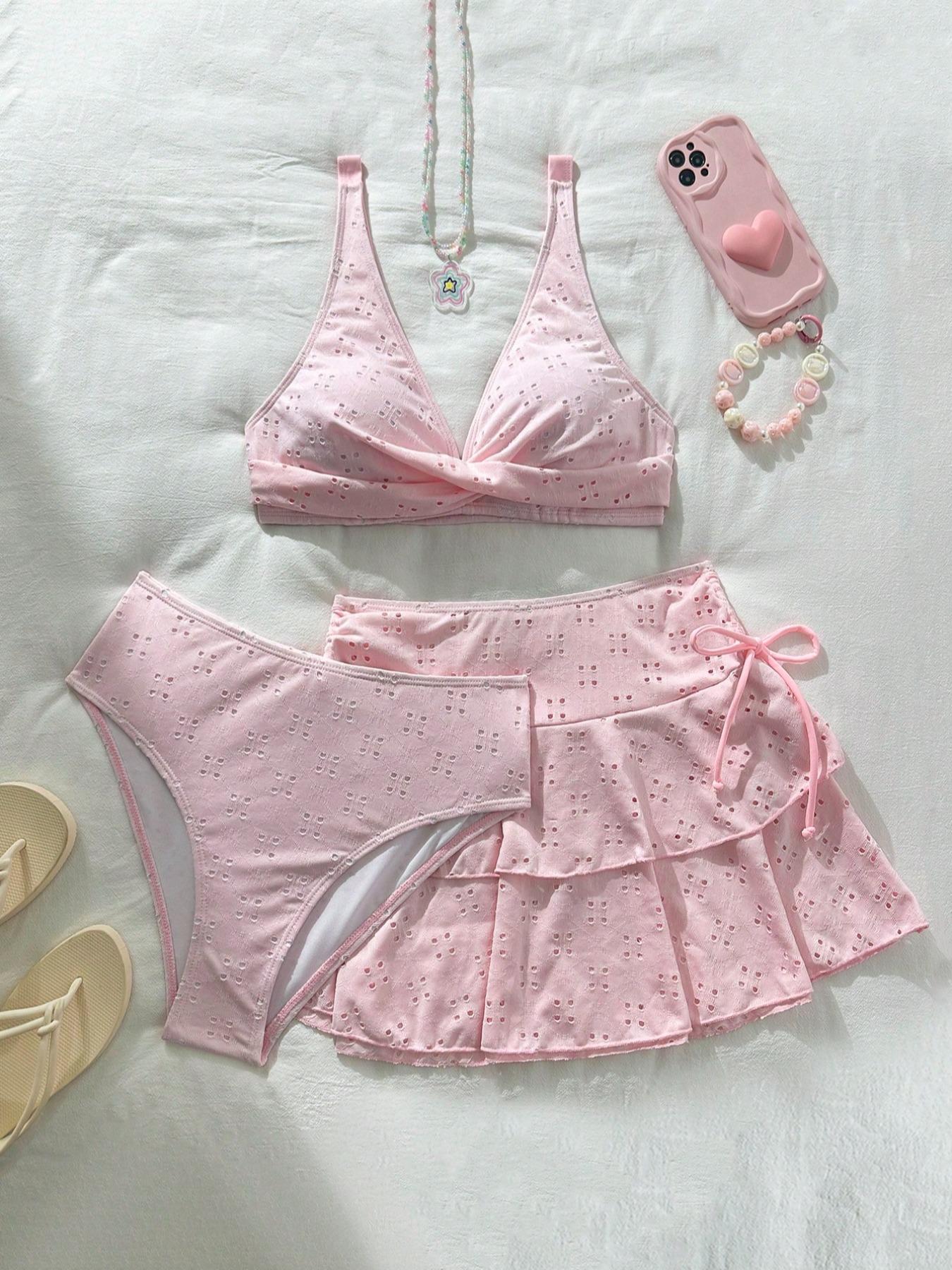 New High-End Sweet Cute Sexy Belly Control Mesh Cross Gathered Skirt Bikini Three-Piece Swimsuit Set