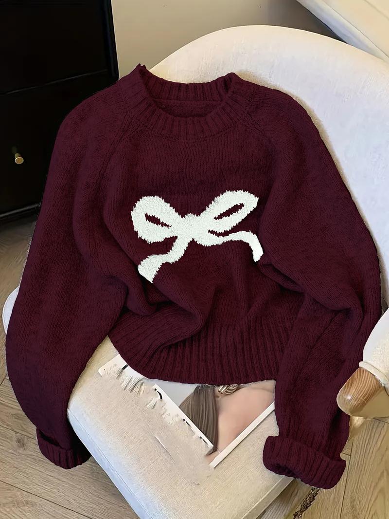 Women's Butterfly Knot Round Neck Sweater, Fall & Winter Thick Knit Top, Sweet Style Loose Fit, Elegant Cardigan for Valentine's Day