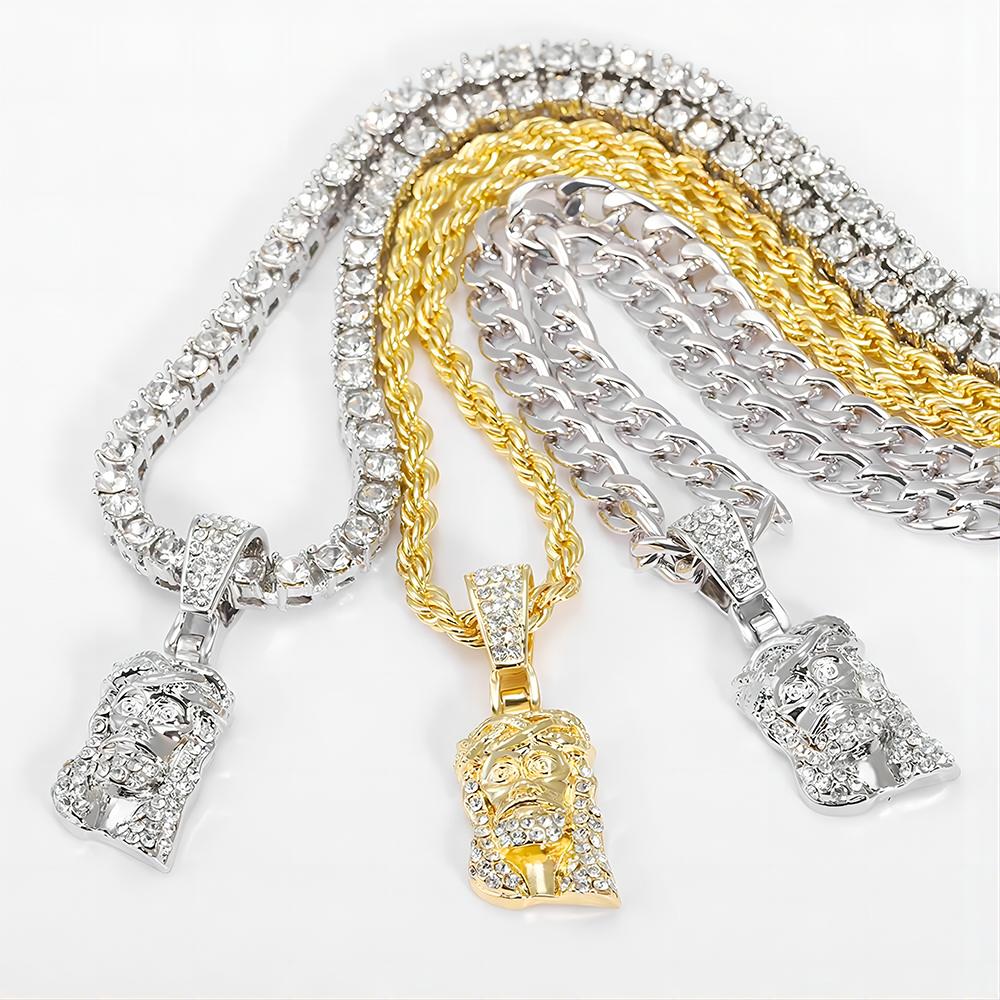 Men's Iced Out Metallic Jesus Head Face Charm Pendant Necklace, Hip Hop Costume Jewelry with Pave-Set Shining Crystals and Matching Chain, Crystal🎀, Metallic Jesus Graphic Necklaces