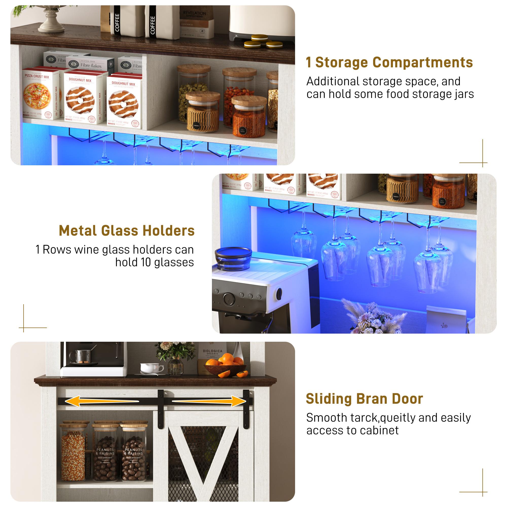 63"W/47"W/31.5"W Farmhouse Coffee Bar Cabinet with LED Light,Wine Bar Cabinet w/ Tier Storage Hutch,Kitchen Buffet Cabinet w/Sliding Barn Door & Wine and Glass Racks for Kitchen Dining Room(Brown/Antique White/Dark Rustic Oak) 63"W/47"W/31.5"W Farmhouse Coffee Bar Cabinet with LED Light,Wine Bar Cabinet w/ Tier Storage Hutch,Kitchen Buffet Cabinet w/Sliding Barn Door & Wine and Glass Racks for Kitchen Dining Room(Brown/Antique White/Dark Rustic Oak)