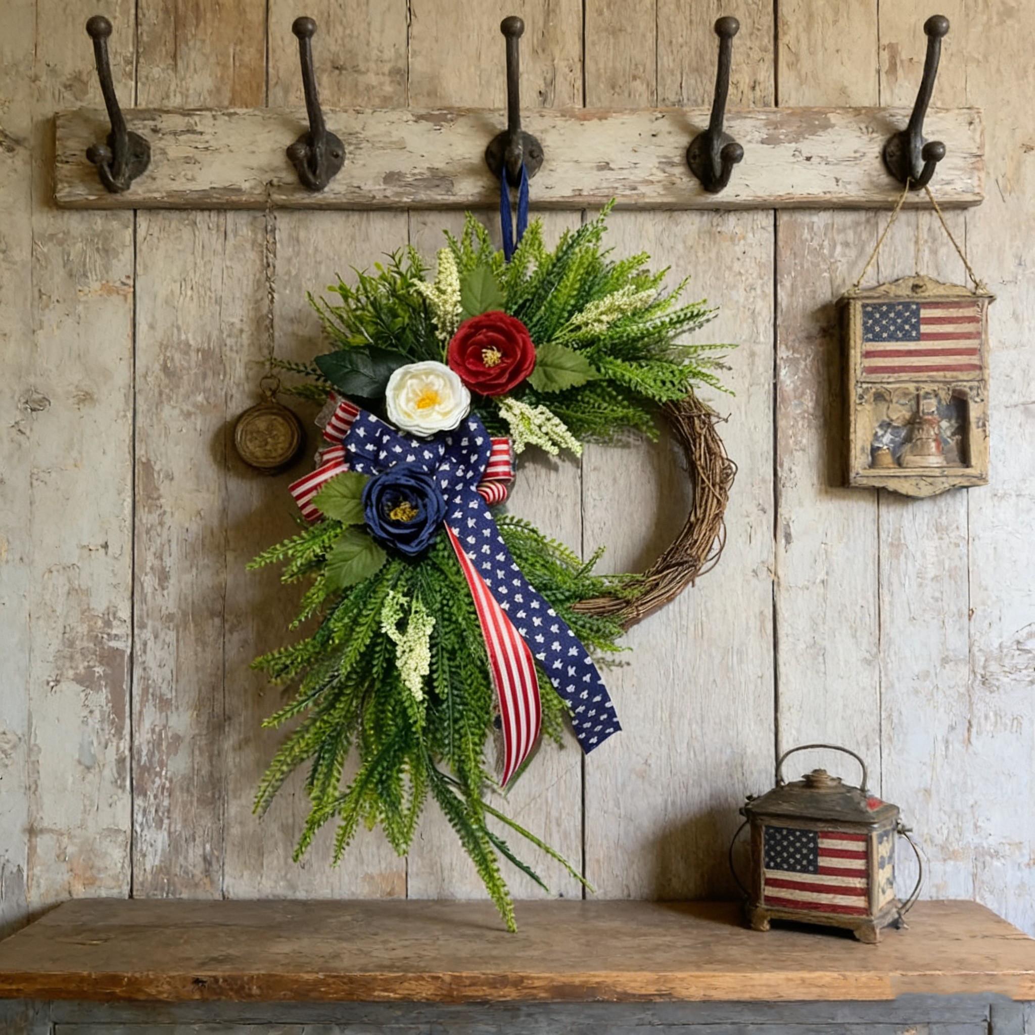 Elegant Patriotic Wreath Decor, Blue Floral Design with American Flag Bow, Memorial Day and Veterans Day Porch Decoration