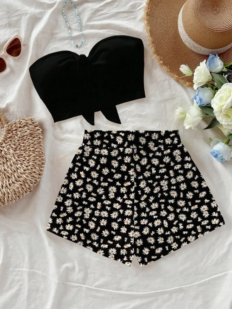 Women's Vacation Casual Solid Color Tank Top and Tropical Print Shorts Set, Two-Piece for Relaxing Holidays, Stylish Summer Wear, Beach Outfits Set