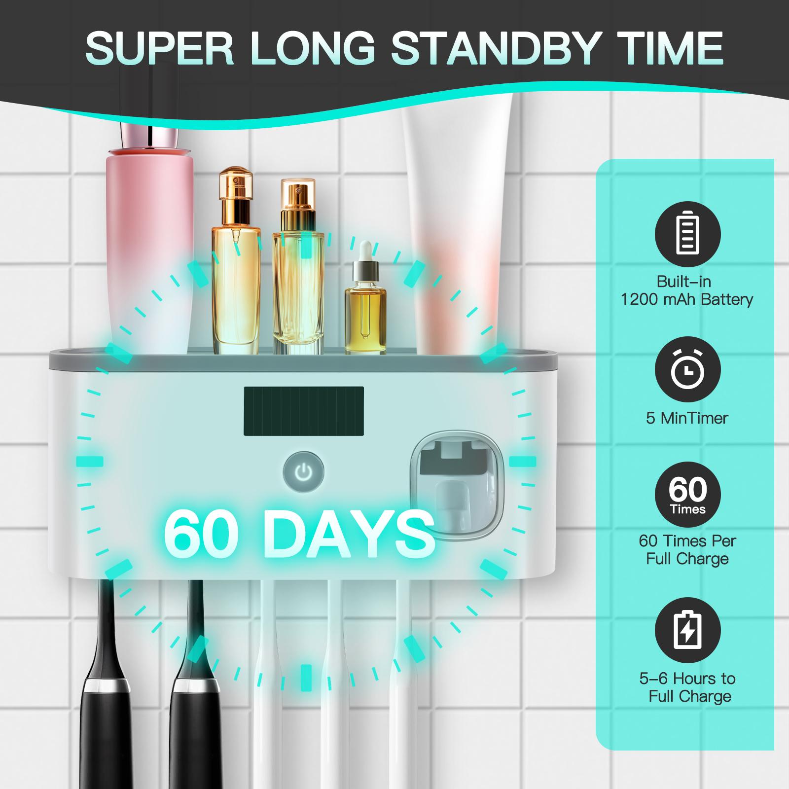 PHANCIR UV Toothbrush Holder for Bathrooms,5-Slot Wall Mount Toothbrush Sanitizer & Timing Function Wall Mounted with Toothpaste Dispenser for Electric / Regular Toothbrush Black Rose Gold