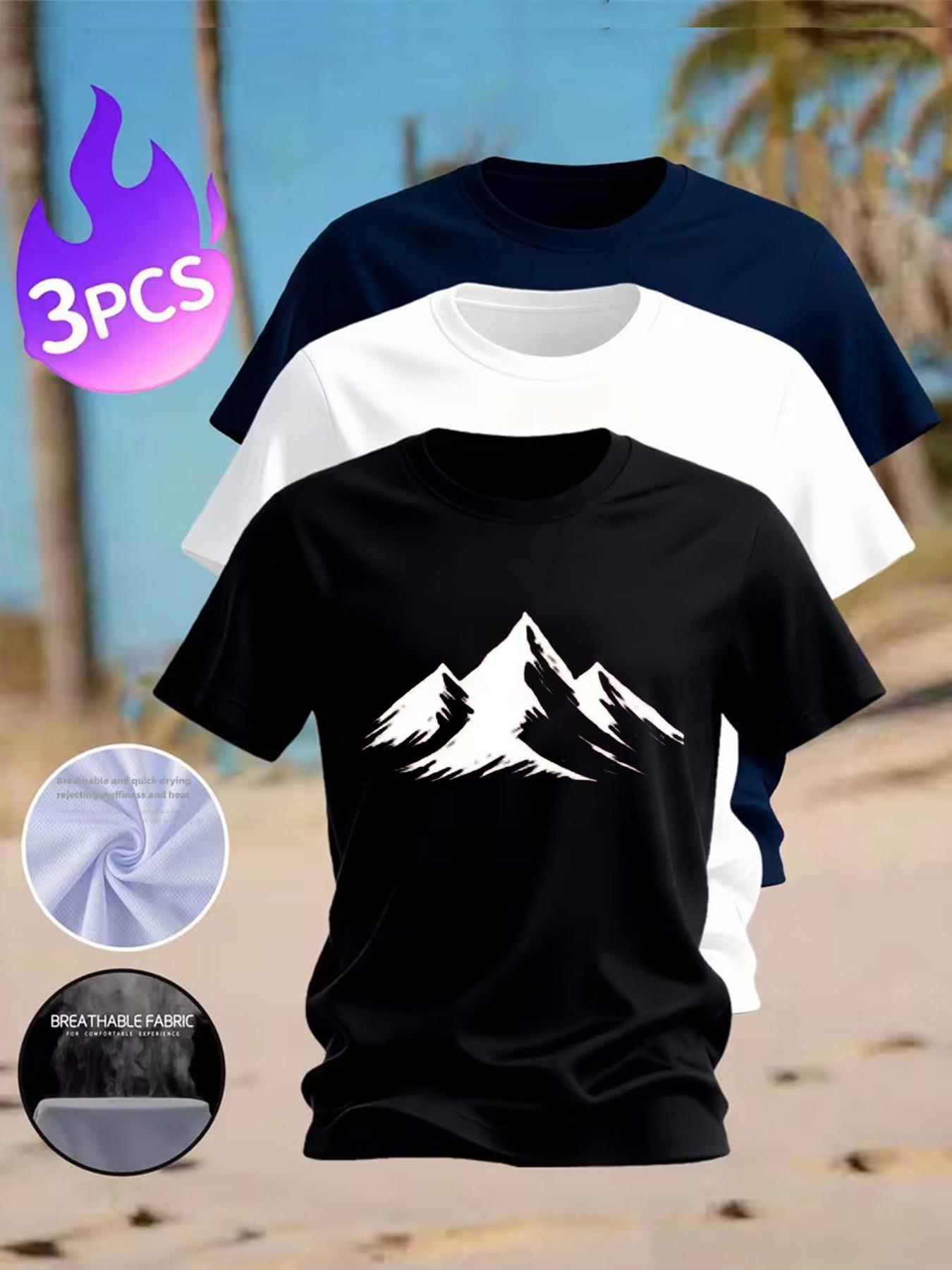 3-Pack Men's Mountain Print T-Shirts, Casual Crew Neck Short Sleeve Tees, Breathable Quick-Dry Summer Tops for Outdoor Hiking