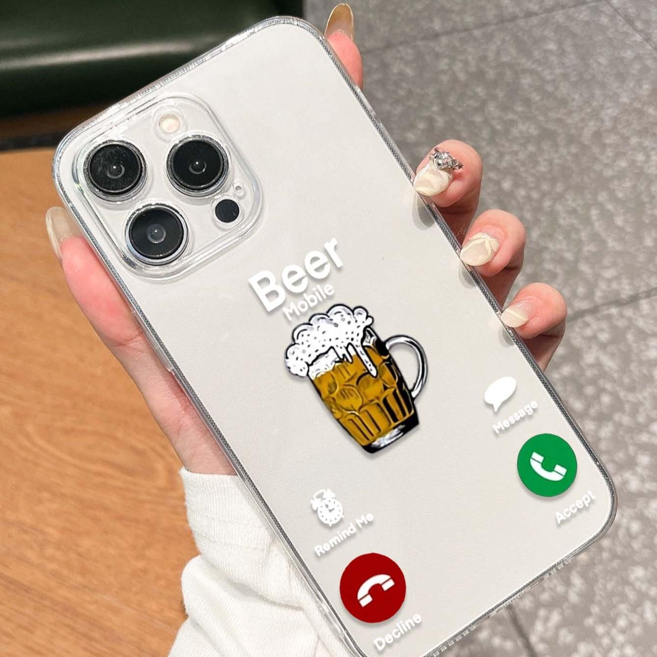 Funny Beer Caller ID Hand Pattern Tpu Transparent Phone Case, Compatible with Apple iPhone Models 11 12 13 14 15 Pro Max XR Plus