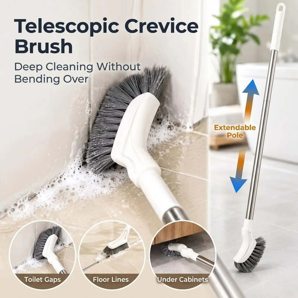 Multifunctional Telescopic Long Handle Floor Cleaning Brush, Adjustable Pole Length Corner Scrubber, Dense Nylon Bristles, Floor Scrub Brush for Bathroom Tile, Grout, Shower Corner
