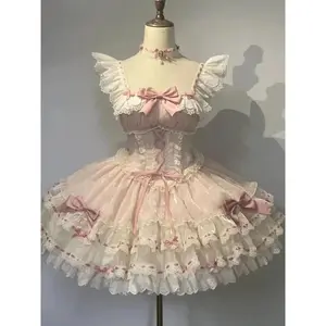 Japanese Sweet Lolita Kawaii Elegant Dress Women Y2k Bow Design Princess Mini Dress Female Lace Birthday Party Chic Outfits New