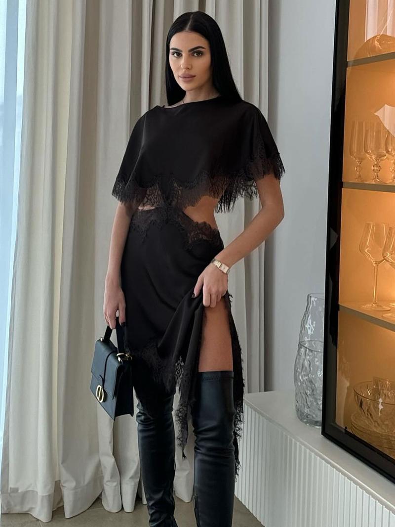 Women Summer Black Lace-up Mini Dress With Open Front Asymmetrical Hemline And Intricate Lace Trim Fashionable Party Dress For Women