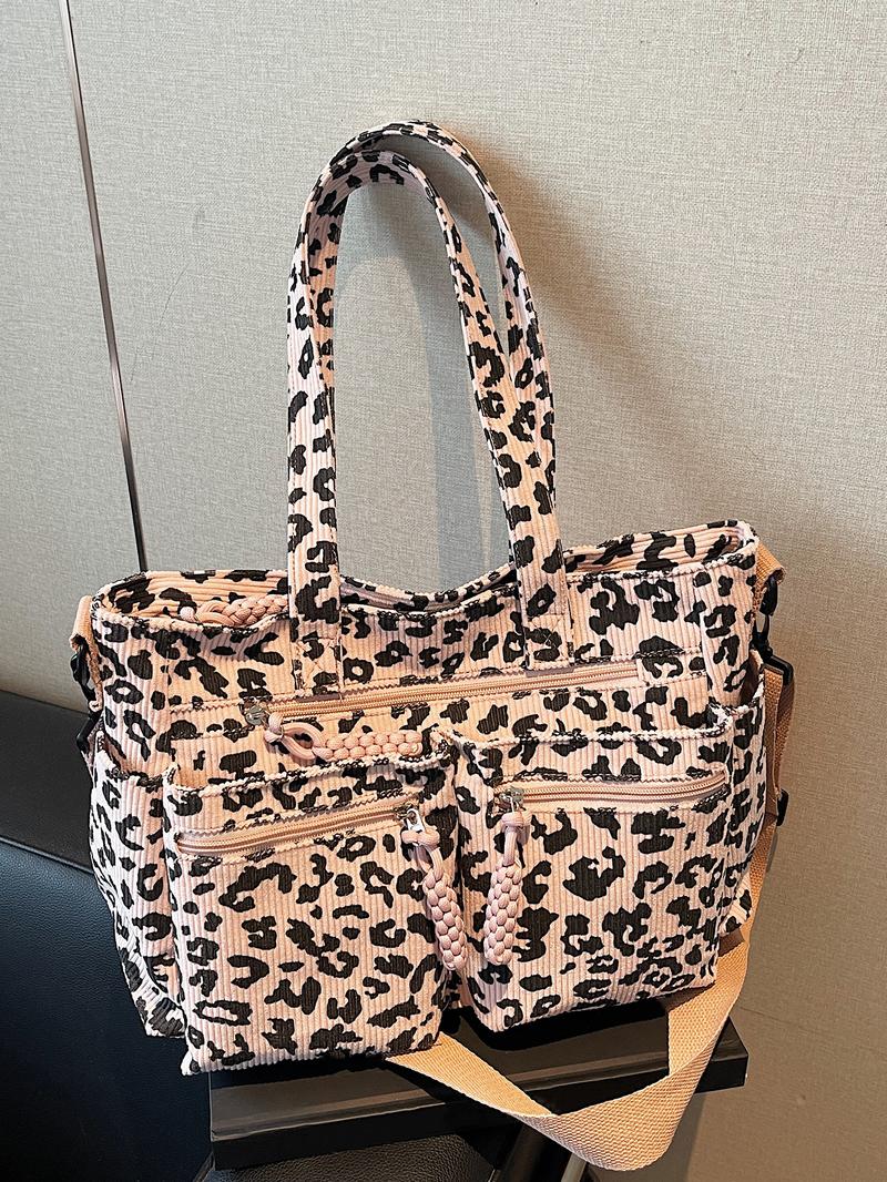 Retro leopard print fashionable shoulder bag, niche minimalist casual shoulder bag, personalized lazy leopard print multi pocket design, practical clown, suitable for students' daily commuting and shopping, Crossbody Tote Bag