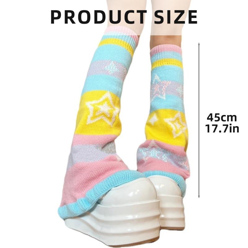 Women Girls Candy Color Rainbow Flared Leg Warmers Sweet Star Pattern Aesthetic Knitted Footless Covers Socks for Adults Teens