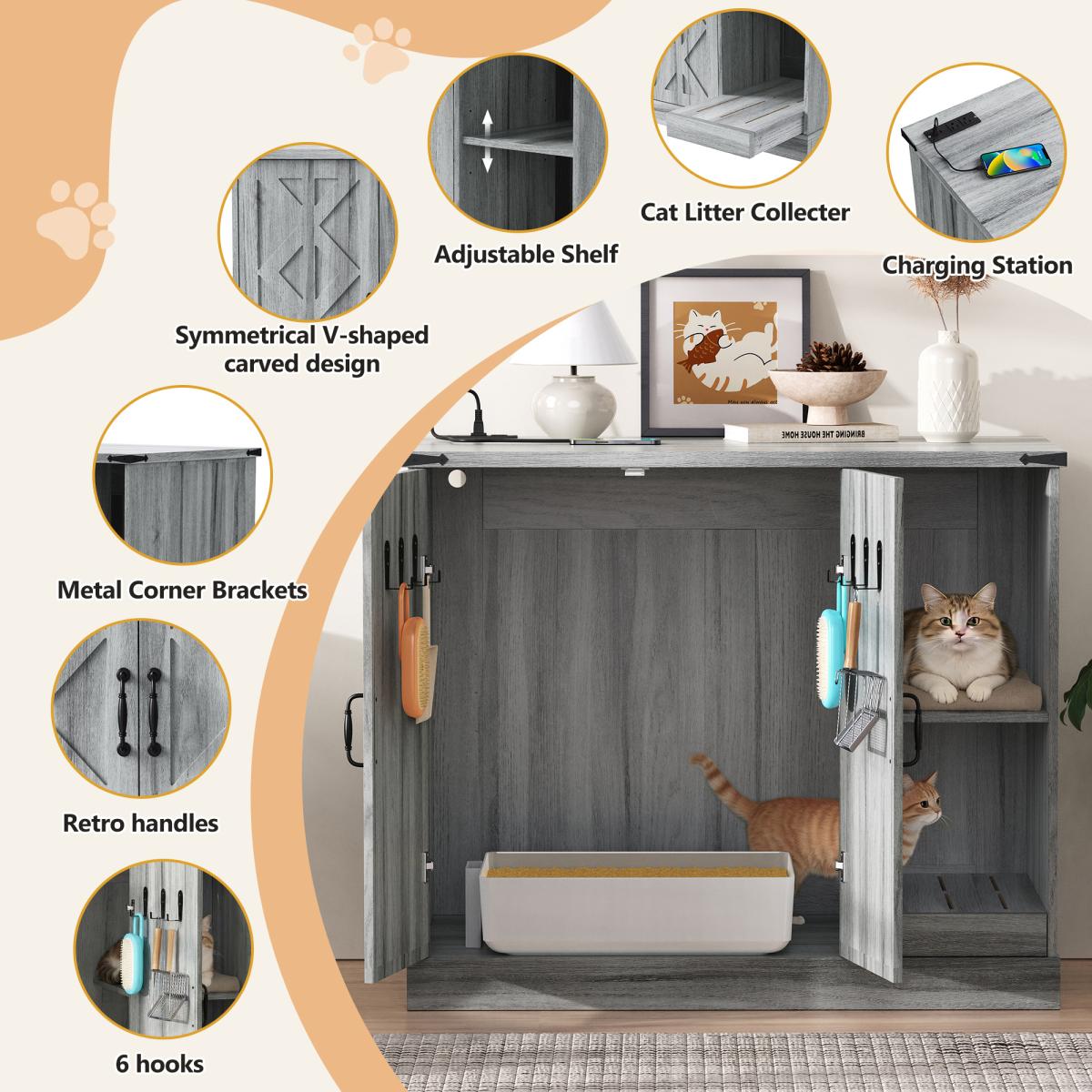 Cat Litter Box Cabinet with Power Outlet, Modern Litter Box Furniture for Large Automatic Litter Boxes, Hidden Litter Box Enclosure with Litter Catcher, Adjustable Storage Shelves, Gray