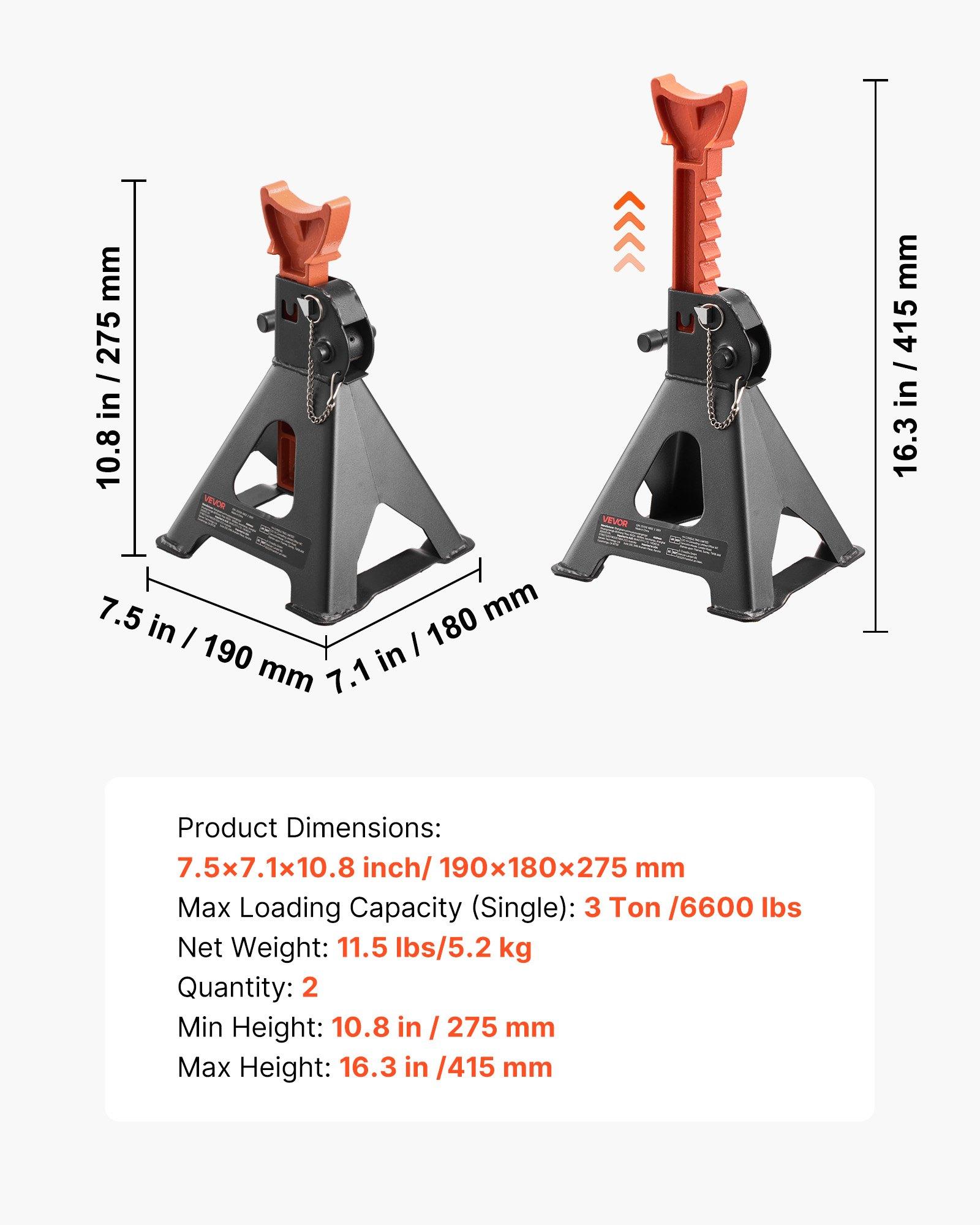 VEVOR Jack Stands, 3 Ton (6, 600 lbs) Capacity, 10.8-16.3 in Adjustable Height, Heavy Duty Steel Jack Auto Stands with Double Locking, for Lifting SUV, Pickup, Car, UTV/ATV, 1 Pair, Black and Orange