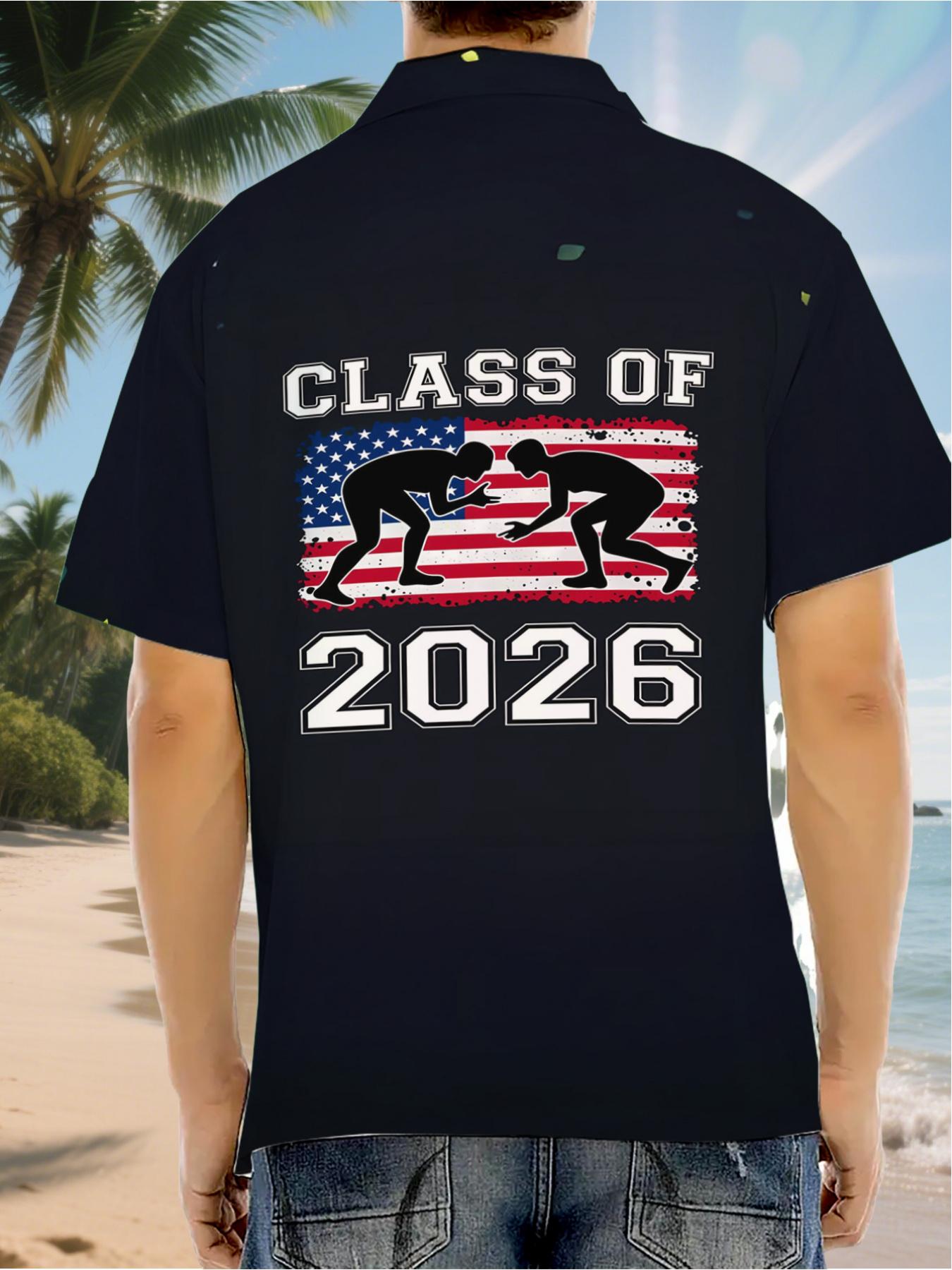 Men's Hawaiian Shirt - Flat Digital Print Pattern - No Texture - Wrestling Graduation Class 2026 American Flag, Fashionable and Simple Short Sleeve, Buttoned, Casual Collar Shirt, Stylish and Versatile, Suitable for Dates, Beach Vacations, a Perfect Gift