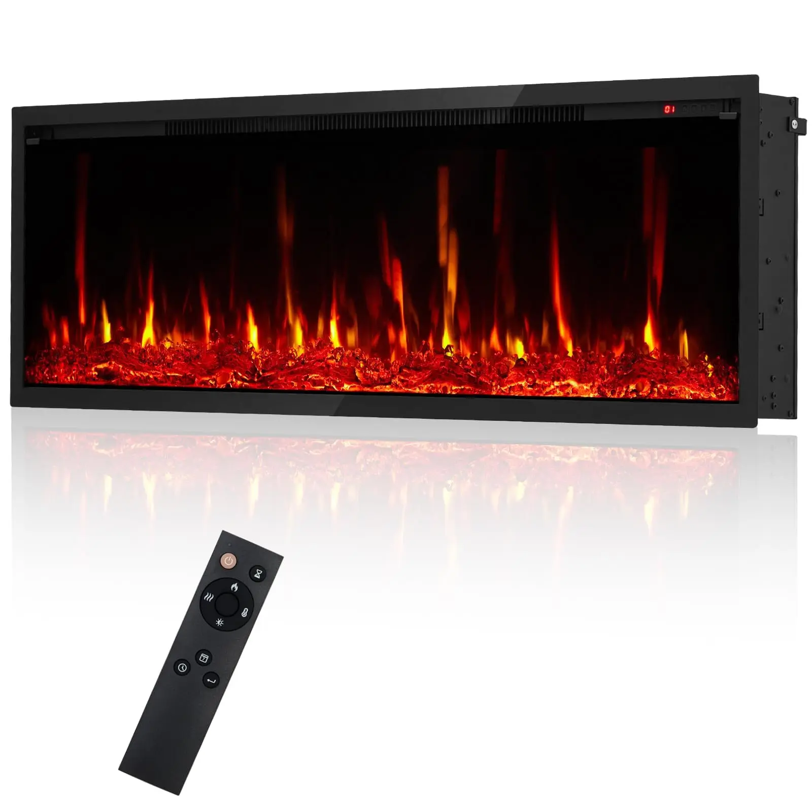 60 Inch Recessed and Wall Mounted Electric Fireplace Linear Heater 750W 1500W with 12 Flame Colors 9 Hour Timer Remote Control Log Crystal Bed Tempered Glass Metal Frame Living Room