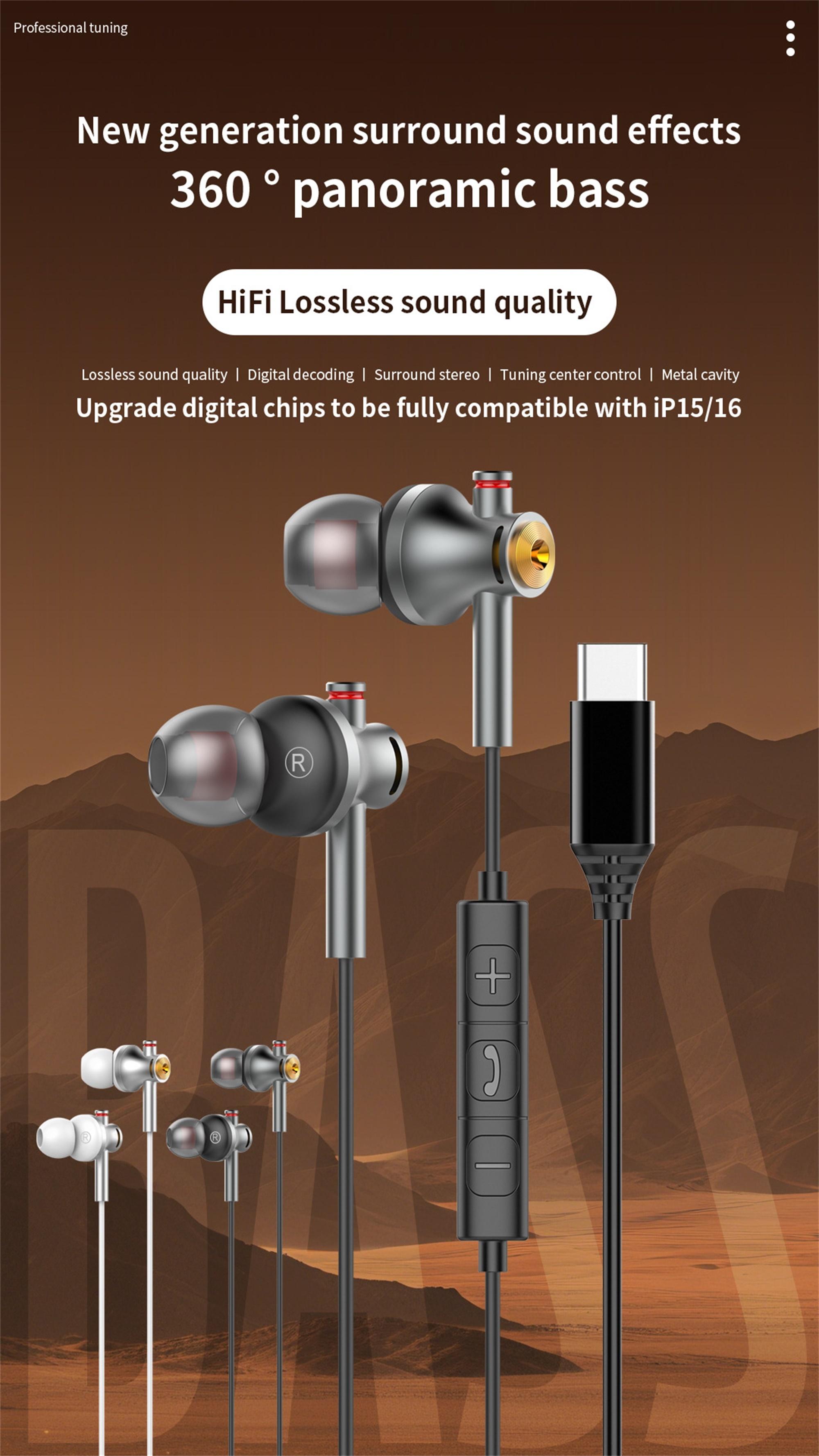 USB C Wired Headphones Dolby Sound With Noise Reduction Type C 3.5mm Music Earphones For Samsung Galaxy S25 S24 Ultra iPhone 15 16 17