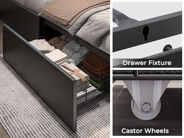 Sikaic 4 Storage Drawers LED Bed Frame With Leather Platform Adjustable Headboard Storage Drawers And Charging Station Black Bedroom Set Unique