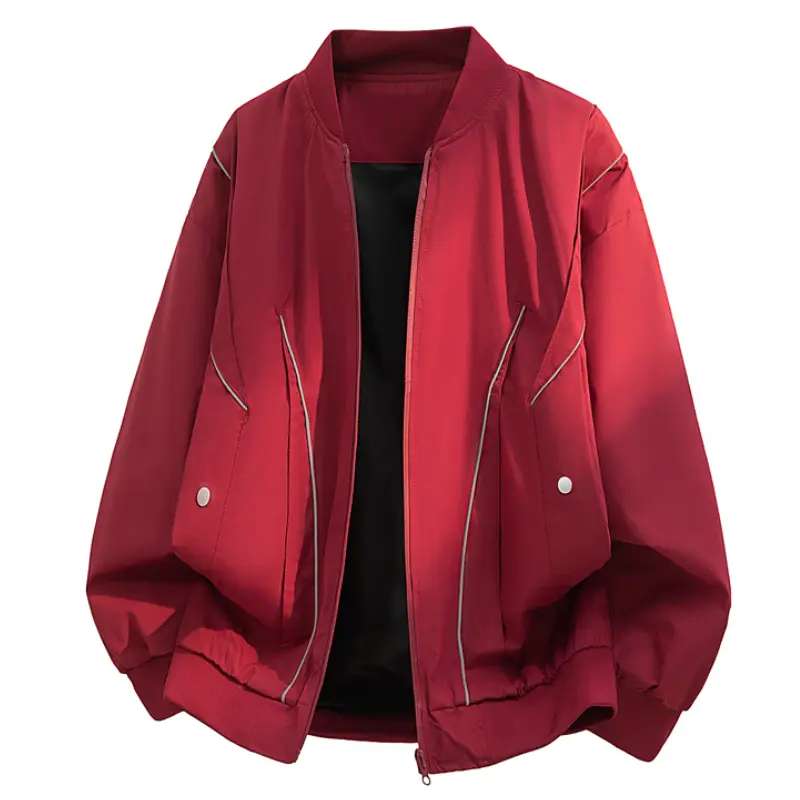 Men’s Spring Autumn Baseball Collar Bomber Jacket, Contrast Stitch Line Decoration, Zip Closure, Side 3D Pockets With Rivet Details, Loose Drop Shoulder Fit, Elastic Cuffs & Hem, Sturdy Fabric, Suitable For Daily Commuting And Street Casual Wear