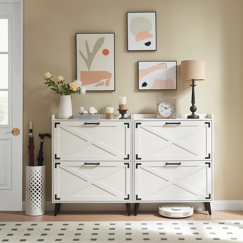 Farmhouse Shoe Storage Cabinet with 2-4 Flip Drawers & Barn Door Design - Freestanding Slim Narrow Shoe Organizer for Entryway, Foyer & Hallway