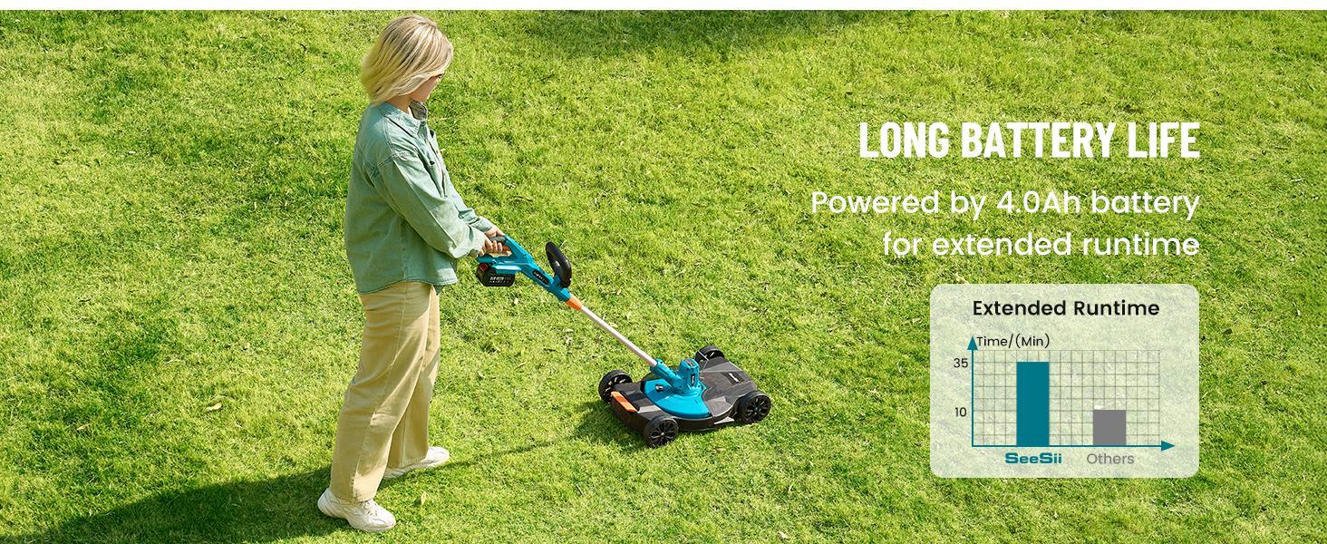【Seesii】 String Trimmer, 12’’ Cordless Weed Wacker & Edger with 2 * 4.0Ah Batteries - Electric Lawn Mower with 1.3’’/2.1’’ Adjustable Deck - 3-in-1 Battery Lawn Mower for Garden/Yard Outdoorfun