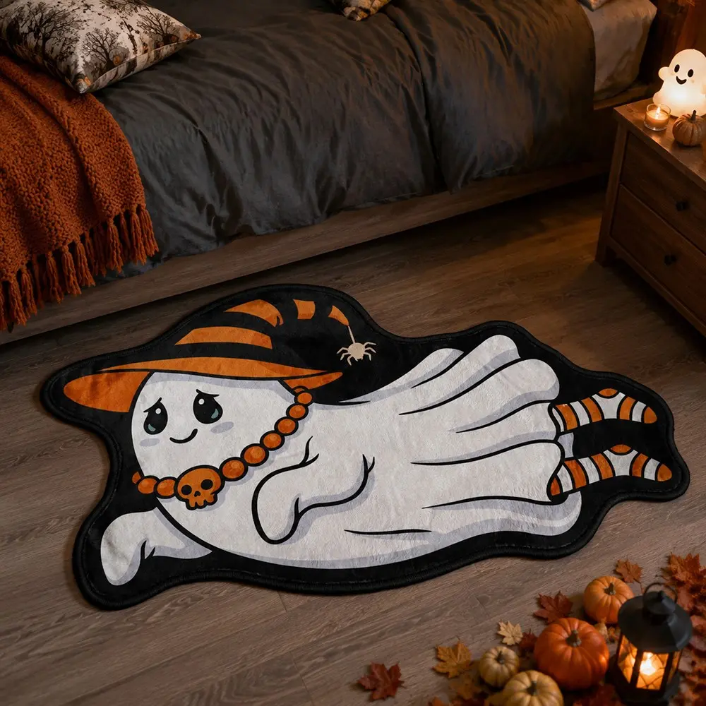 Halloween Ghost Rug, Soft Velvet Indoor Carpet, Spider Witch Hat Print, Fall Festival Home Decor, Entryway Bedroom Hallway Mat