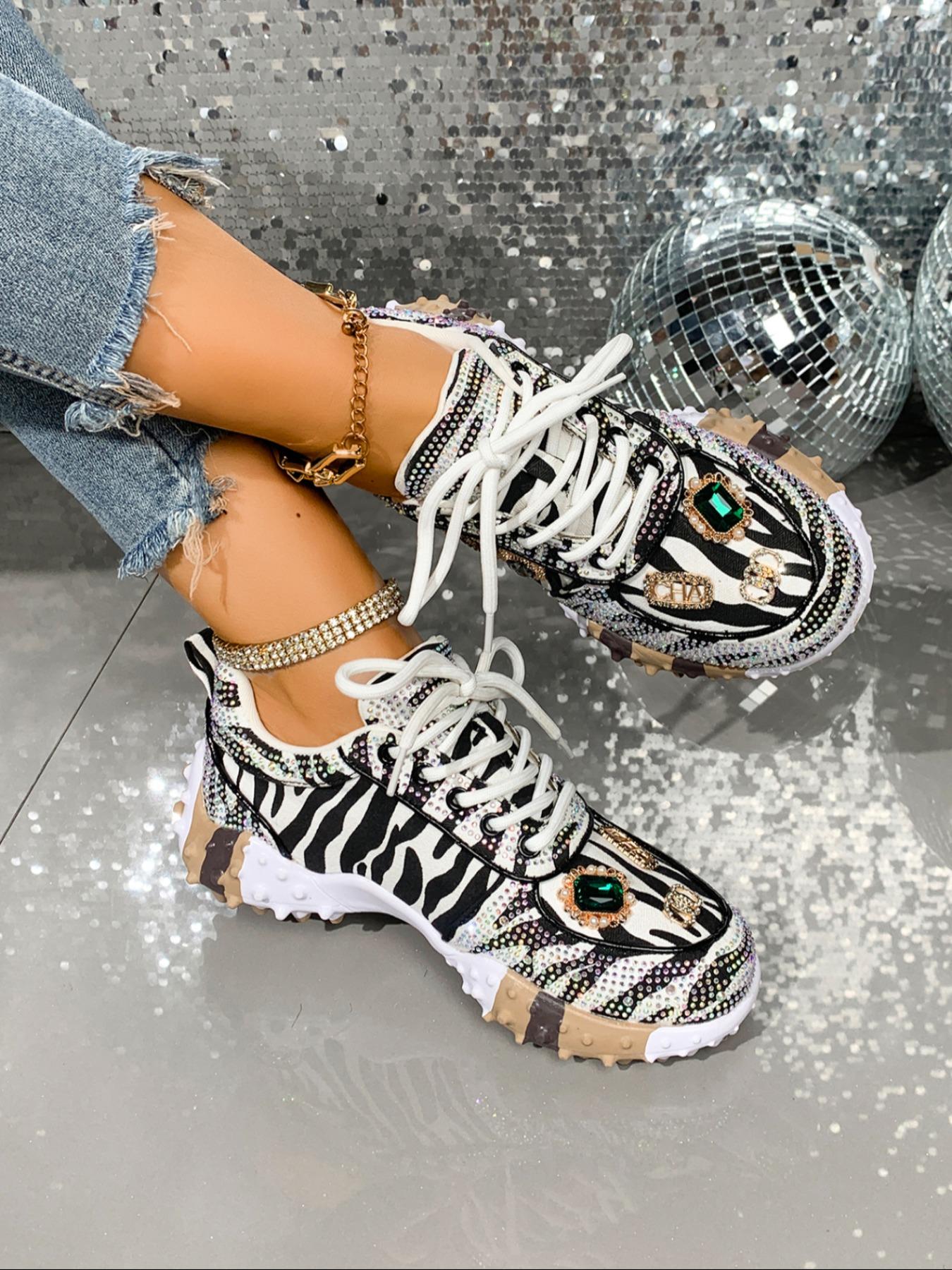 Women's Thick Sole Sport Shoes with Rhinestone Details, Fashion Casual Sneakers, Trendy Zebra Color Block Design, Daily Wear, Thick Soled Sneakers, Trendy Walking Sneaker