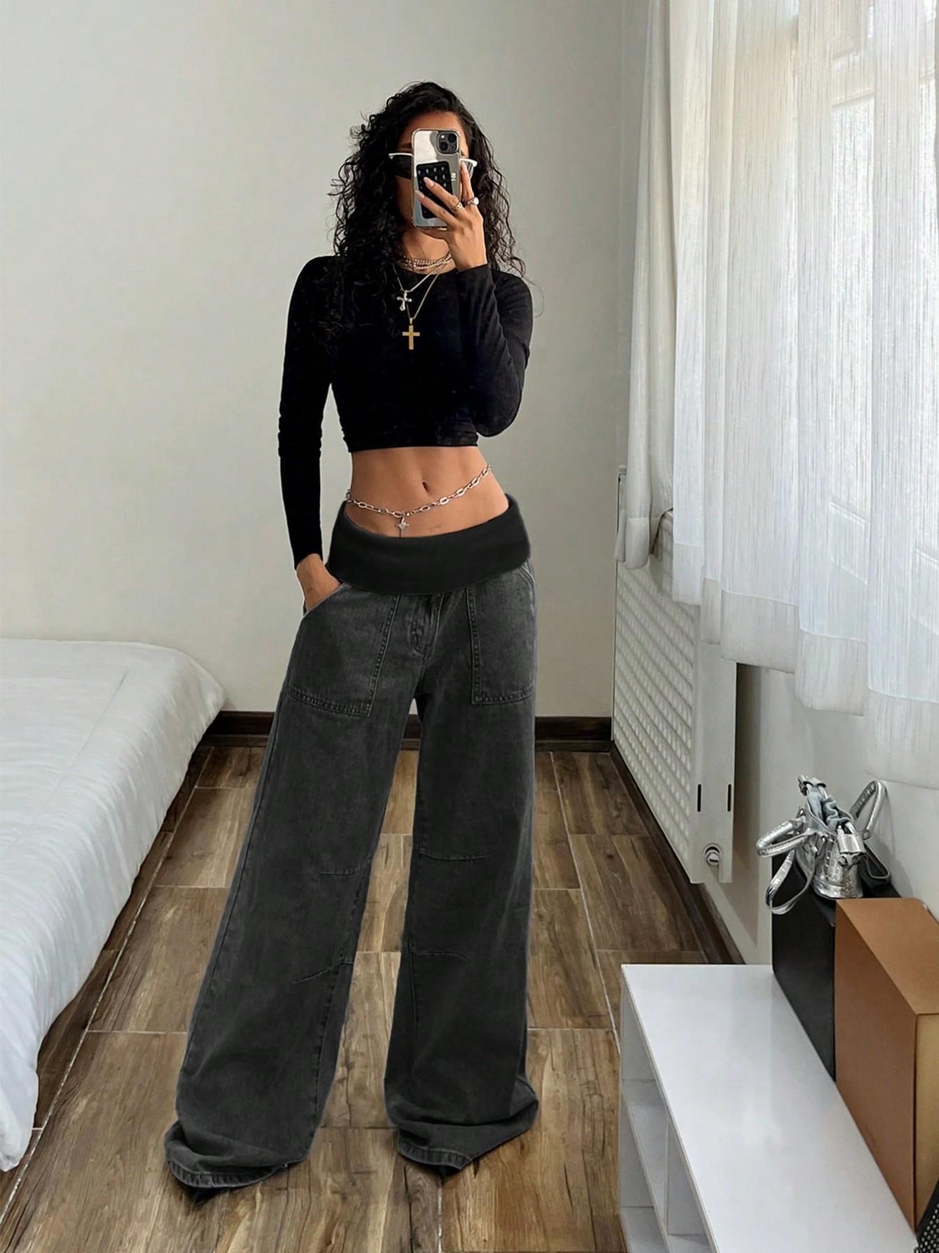 Women's Elastic Waist Oversize Loose Jeans, Four-Season Street Style Wide Leg Pants with Pockets, Casual Y2K Fashion for Outdoor Wear Bottoms, Streetwear
