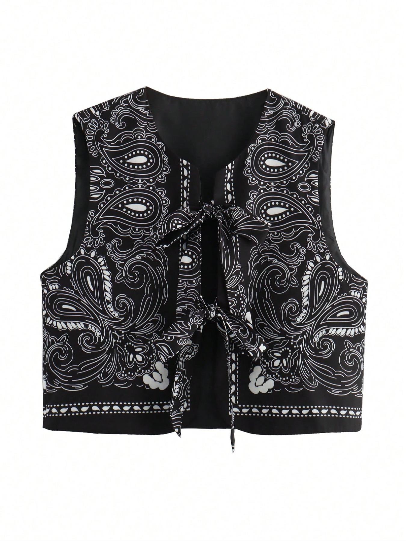 Women's Autumn Ethnic Print Tie-Back Vest Top Short, Sleeveless Round Neck Bow Vintage Fashion Jacket, Stylish Casual Wear