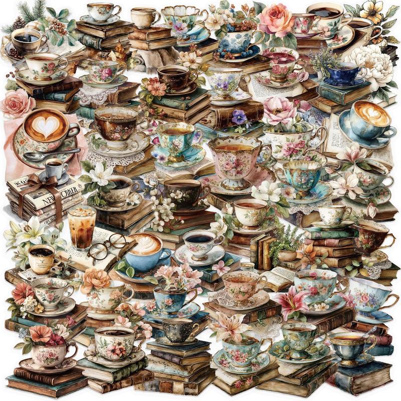 50pcs Retro Artistic Coffee Watercolor Tea Cup Old Book Floral Transparent PET Material Graffiti Stickers Suitable for Suitcases, Phone Cases, Laptops, Helmets, Skateboards Waterproof Decoration DIY Creative Stickers