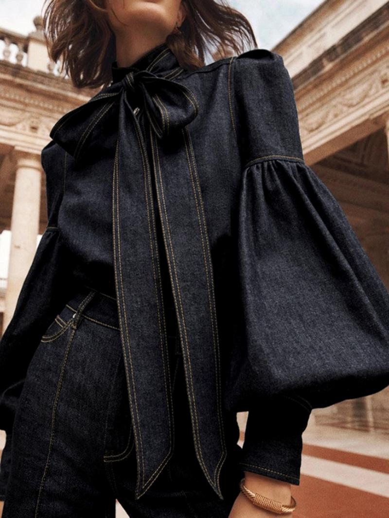 Women's Denim-effect Print Tie Neck Shirt, Chic Casual Long Sleeve Top for Daily Wear, Ladies Clothes for All Seasons