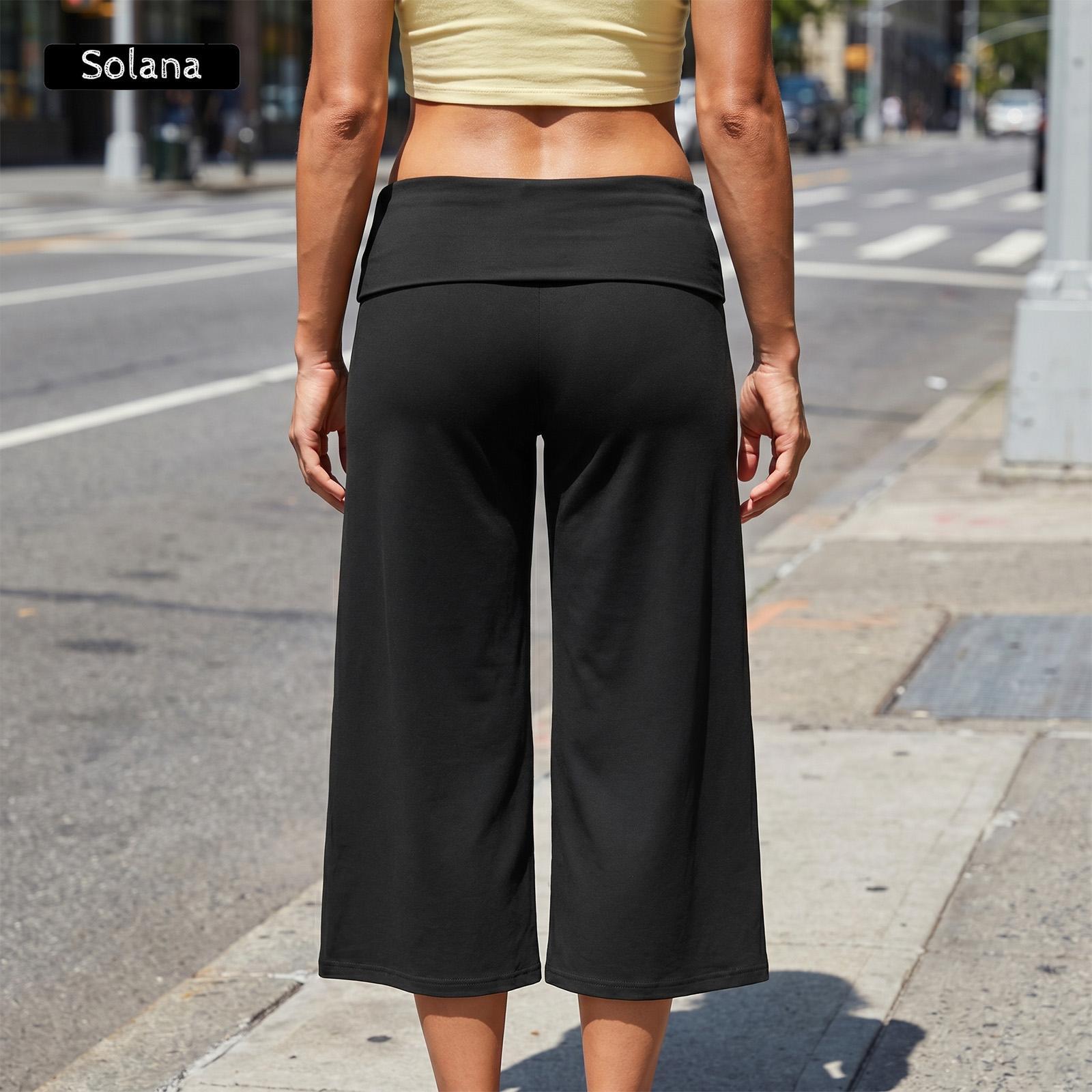Women Summer Fold Over Wide Leg Capri Pants Low Rise Lounge Yoga Flare Culottes Y2k Soft Flowy Crop Palazzo Pants Beach
