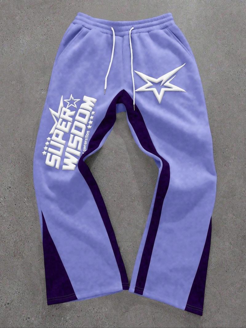 Men's Colorblock Letter & Star Print Sweatpants, Casual Comfy Straight-leg Pants for Daily Wear, Men's Trousers for All Seasons, Athleisure Style Bottoms Men's Colorblock Letter & Star Print Sweatpants, Casual Comfy Straight-leg Pants for Daily Wear, Men's Trousers for All Seasons, Athleisure Style Bottoms