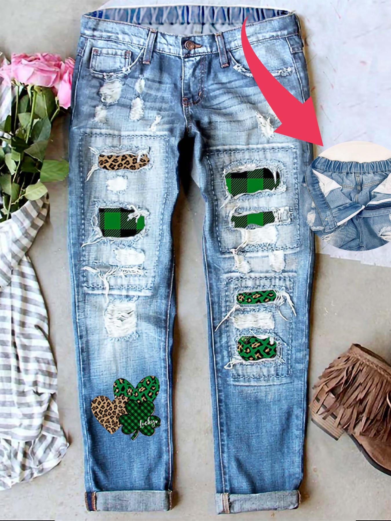 Women's Patch Ripped Distressed Mid-Waist Boyfriend Fit Washed Cute Floral Print Loose Denim Jeans Elastic Waistband Breathable Comfy for All Seasons