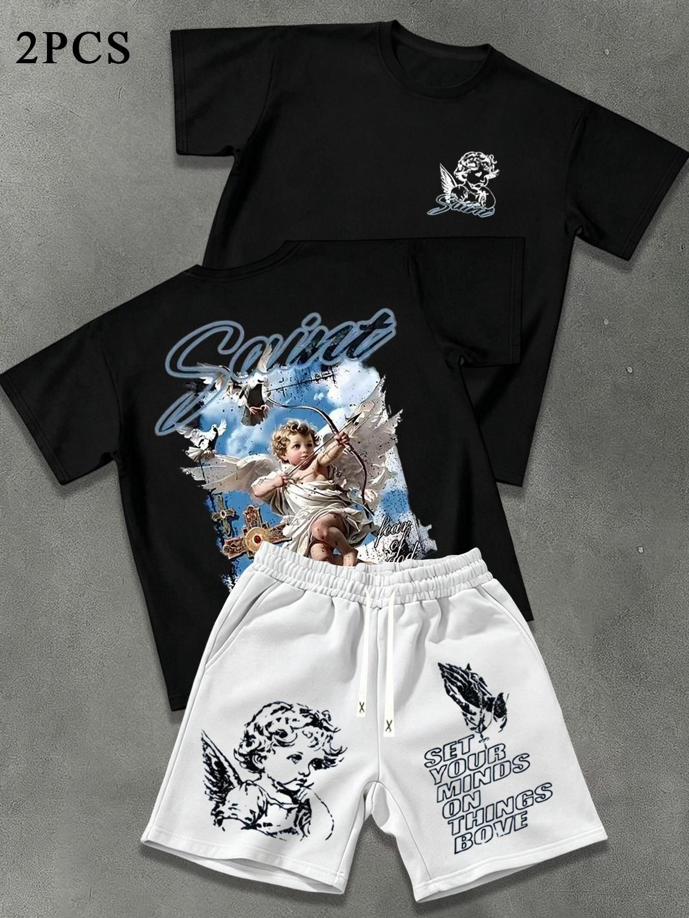Men's Summer Angel Print 2-Piece Outfit Set, Matching Sets, Round Neck Casual Short Sleeve Top and Loose Drawstring Shorts, Ideal for Outdoor Activities and Streetwear Clothes