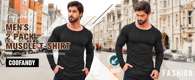 COOFANDY Men's 2 Pack Muscle T-Shirt Stretch Long Sleeve Gym Workout Bodybuilding Training Tee Shirts Casual Hipster Tops