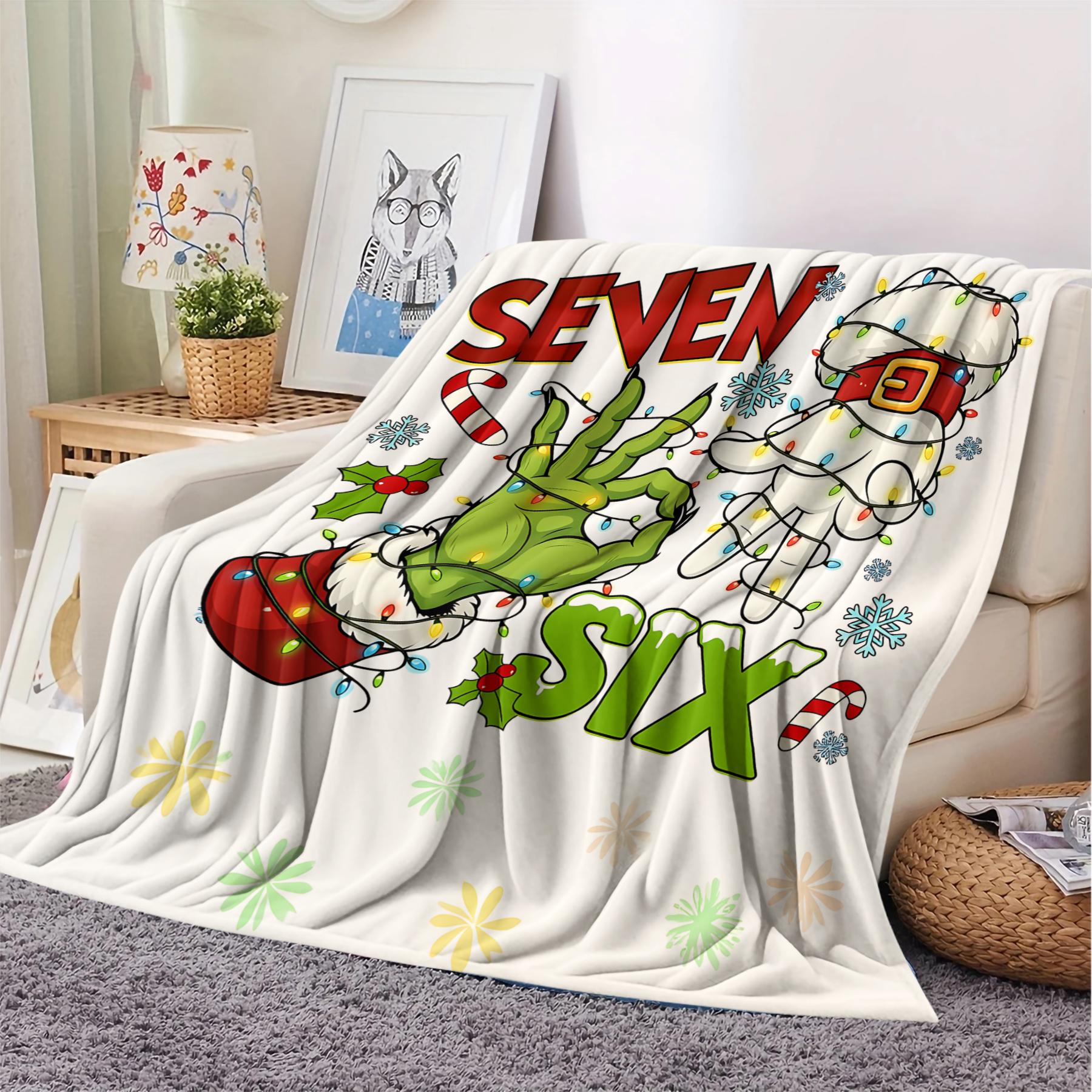 Christmas Cheer Flannel Blanket, Festive Holiday Throw Blanket with Colorful Grinch Hand and Bold 'SEVEN' and 'SIX' Text, Cozy Warm Cover for Home, Perfect Gift for Holiday Celebrations and Winter Naps