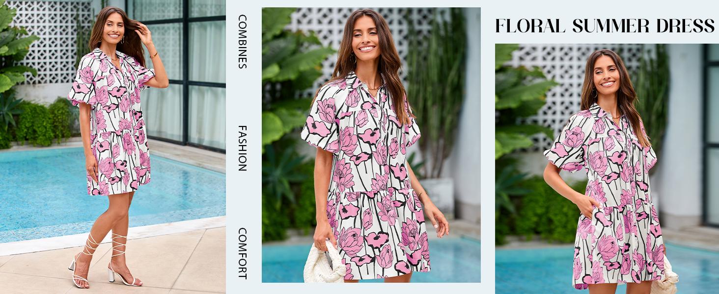 Wenrine Women's Summer Button Down Shirt Dress Floral Puff Short Sleeve Casual Loose Fit Beach Mini Dresses