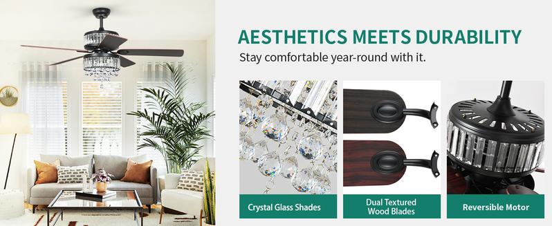 Yitahome Chandelier Ceiling Fan with Remote, 52 Inch Fandelier Fan Light, Indoor Fan Ceiling with 3 Speed, Silent Reversible Motor, Dual-Sided 5 Blades, Timer, Balance Kit - Black