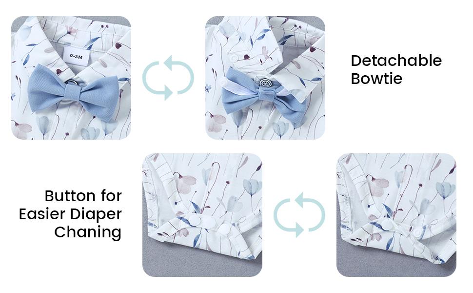 Baby Boy Gentleman 3-Piece Outfits Set - Floral Short-Sleeve Dress Shirt, 1Pc Bow Tie, 1Pc Suspender Short Pants (Elastane), Beret for 0-18M Infants (3-6M,12-18M,Father's Day,Thanksgiving), Fitted, Original Clothes