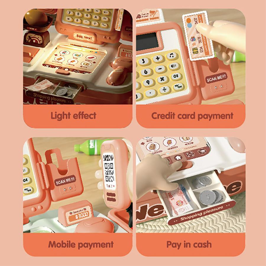 Simulation Cash Register Toy, Supermarket Cash Register Toy with Scanner & Coin & Bank Card & Food, Pretend Play Toy for Kids