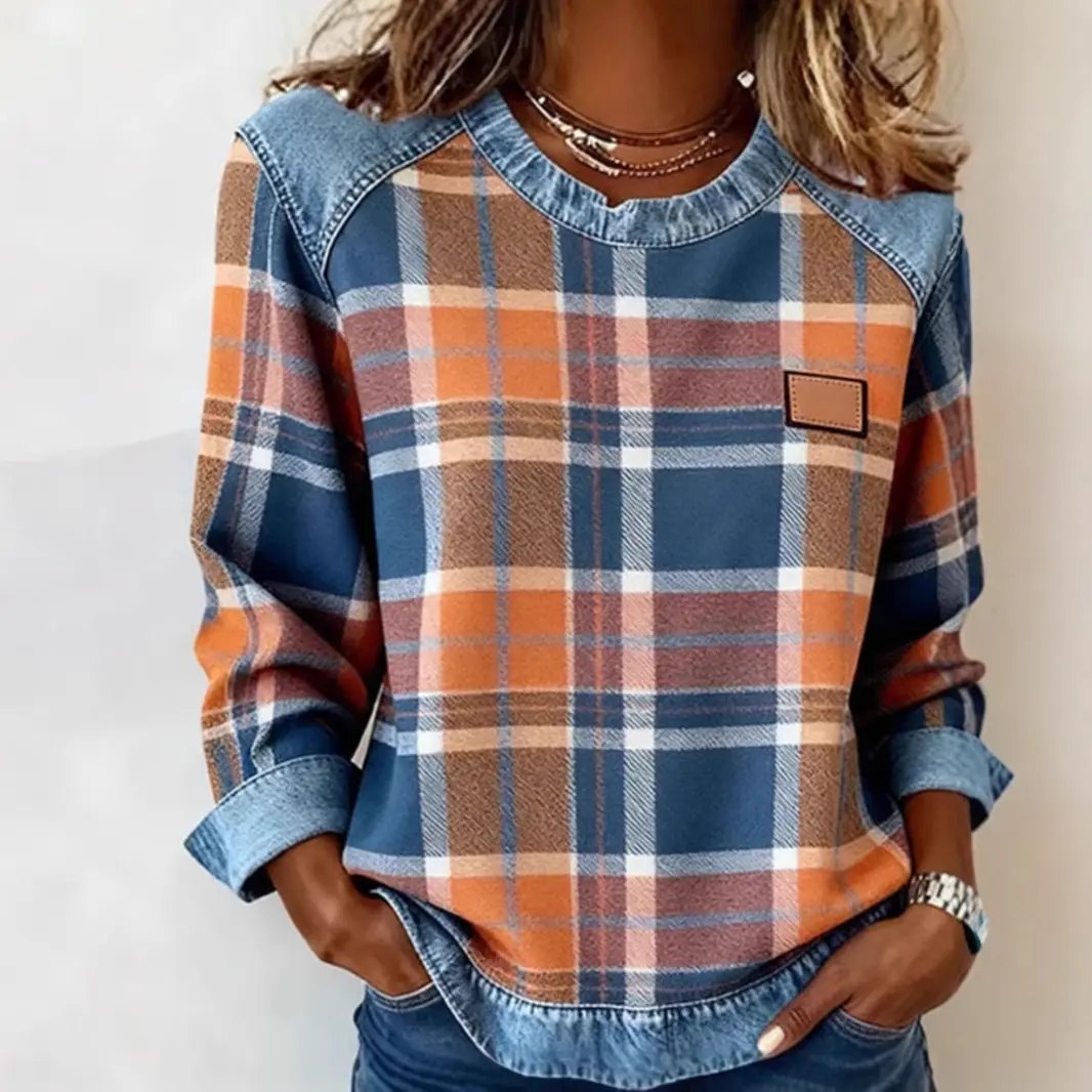 Vintage Plaid Denim Patchwork Sweatshirt for Women, Crew Neck Raglan Long Sleeve Loose Pullover Top Casual Fall Streetwear Outfit