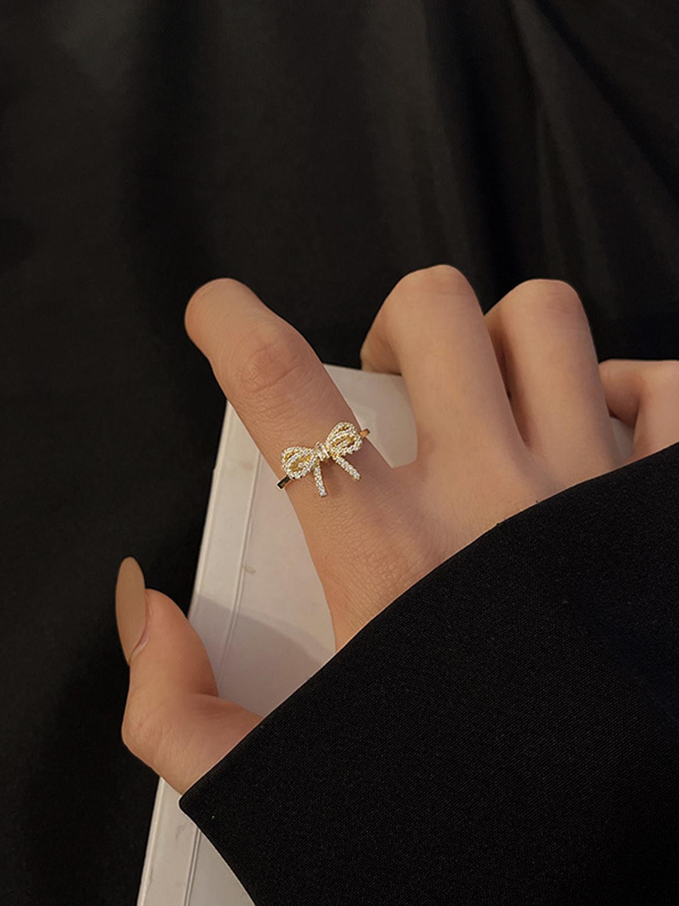 Elegant Bow Zircon Adjustable Ring for Women, Simple Style Daily Wear Jewelry, Fashionable Open Design Accessory, Unique Rings